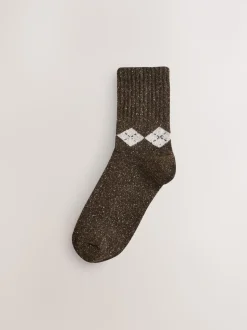 Neutral Argyle Thermal Wool Blend Ankle Socks 3 Pack With Silk