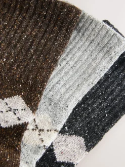 Neutral Argyle Thermal Wool Blend Ankle Socks 3 Pack With Silk