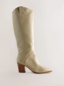 Neutral Leather Forever Comfort® Western Block Heel Knee High Boots