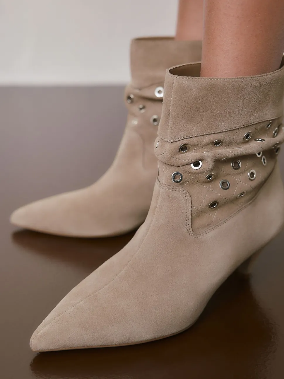 Neutral Suede Forever Comfort® Eyelet Embellished Ankle Boots