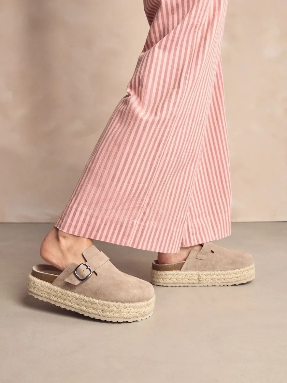 Neutral Suede Round Toe Espadrille Chunky Clogs