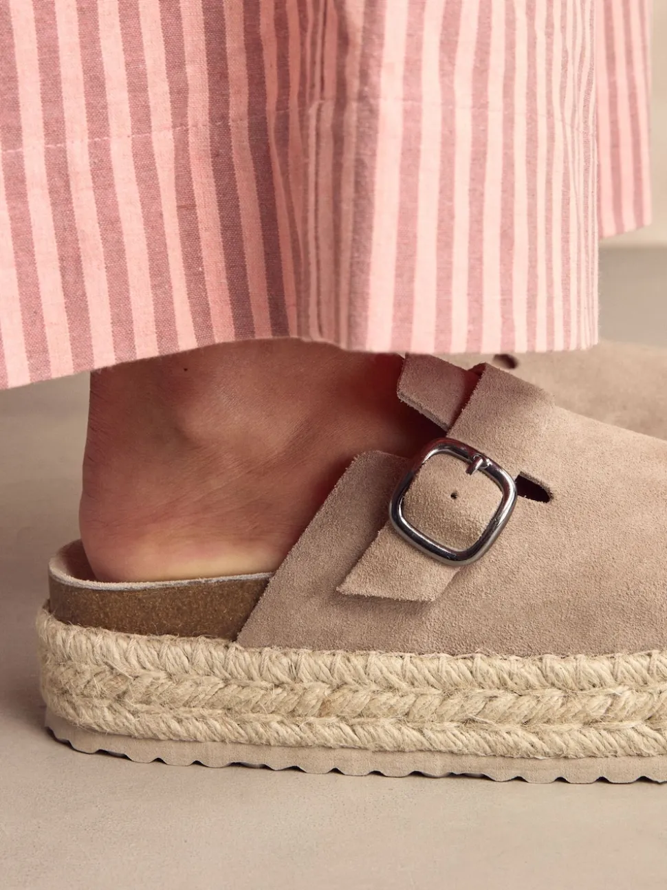 Neutral Suede Round Toe Espadrille Chunky Clogs