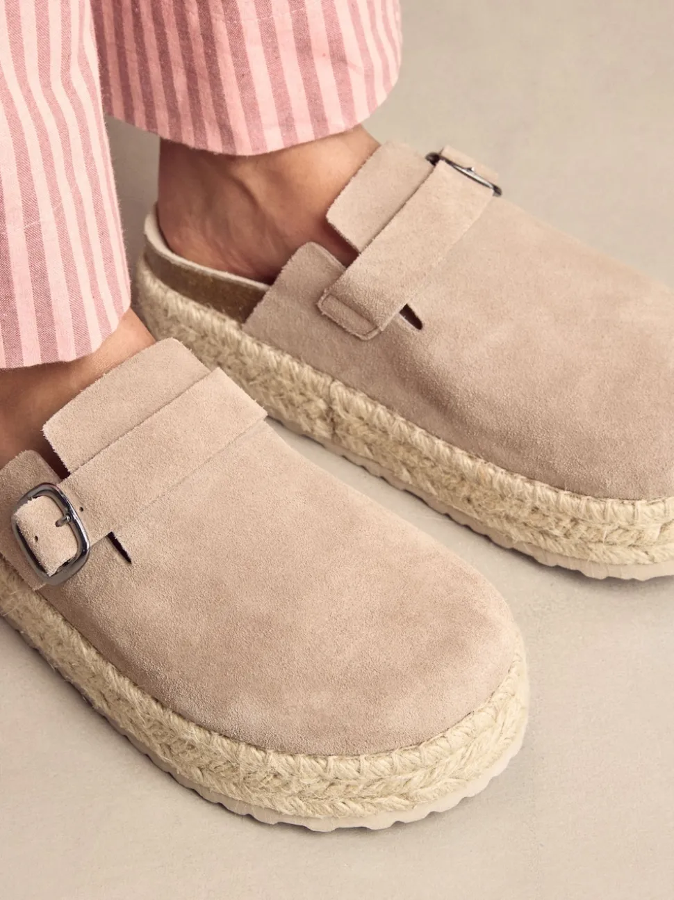 Neutral Suede Round Toe Espadrille Chunky Clogs