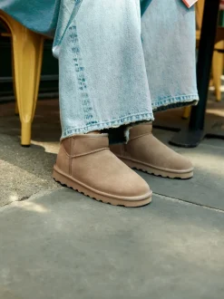 Neutral Taupe Suede Extra Wide Fit Water Repellent Faux Fur Ankle Boots