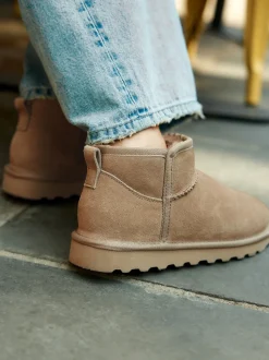 Neutral Taupe Suede Extra Wide Fit Water Repellent Faux Fur Ankle Boots
