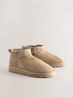 Neutral Taupe Suede Extra Wide Fit Water Repellent Faux Fur Ankle Boots