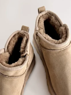 Neutral Taupe Suede Extra Wide Fit Water Repellent Faux Fur Ankle Boots