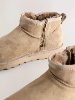 Neutral Taupe Suede Extra Wide Fit Water Repellent Faux Fur Ankle Boots