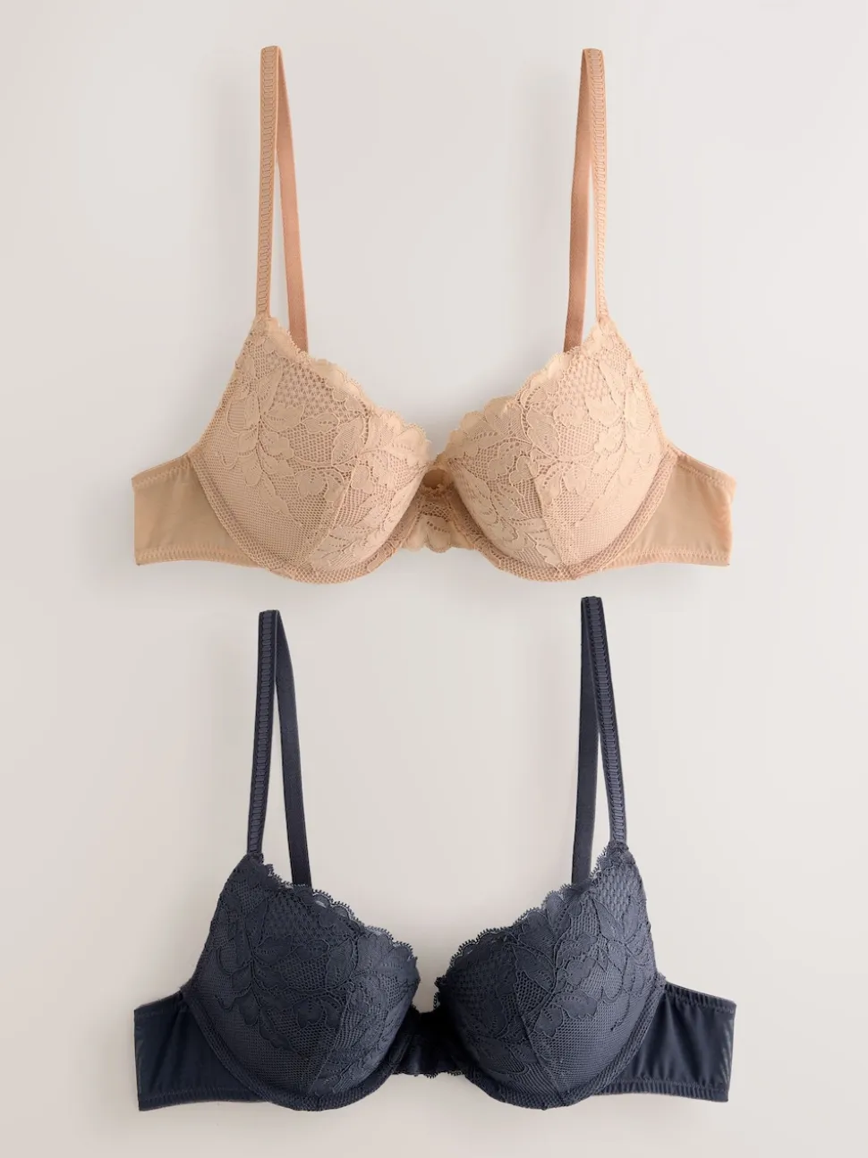 Neutral/Navy Push Up Plunge Lace Bras 2 Pack