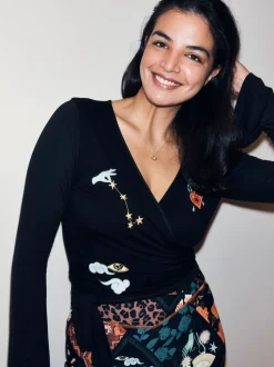 Never Fully Dressed Black Embroidery Viscose Ballet Wrap Top