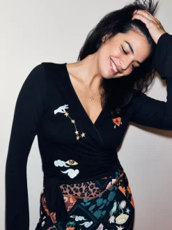 Never Fully Dressed Black Embroidery Viscose Ballet Wrap Top