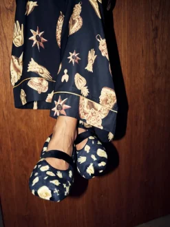 Never Fully Dressed Black/Gold Charm Velour Mary Jane Slippers