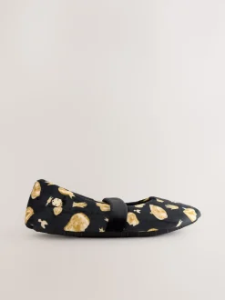 Never Fully Dressed Black/Gold Charm Velour Mary Jane Slippers