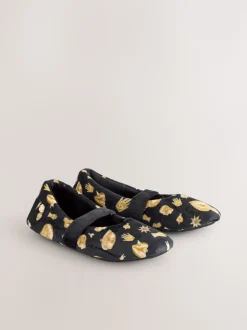Never Fully Dressed Black/Gold Charm Velour Mary Jane Slippers