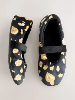 Never Fully Dressed Black/Gold Charm Velour Mary Jane Slippers