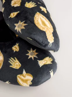 Never Fully Dressed Black/Gold Charm Velour Mary Jane Slippers