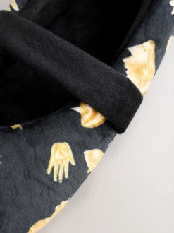 Never Fully Dressed Black/Gold Charm Velour Mary Jane Slippers