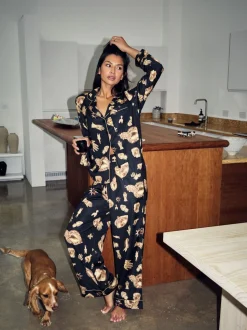 Never Fully Dressed Black/Gold Charm Satin Button Through Pyjamas