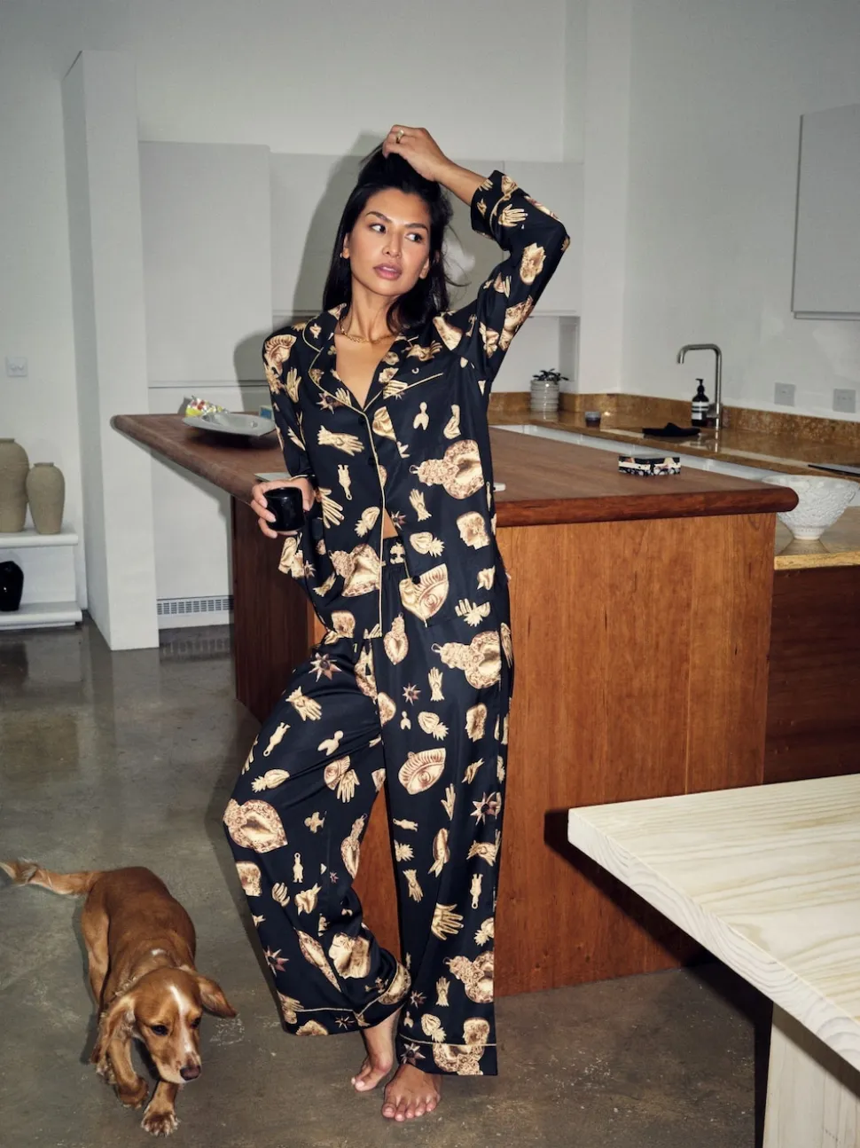 Never Fully Dressed Black/Gold Charm Satin Button Through Pyjamas