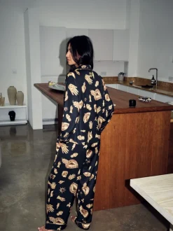 Never Fully Dressed Black/Gold Charm Satin Button Through Pyjamas