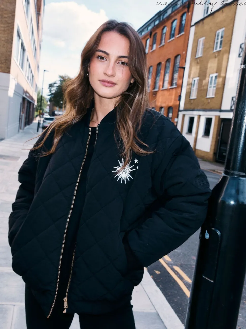 Never Fully Dressed Black Embroidered Quilted Fur Lined Bomber Jacket