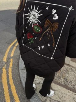 Never Fully Dressed Black Embroidered Quilted Fur Lined Bomber Jacket