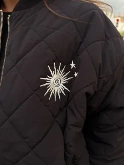 Never Fully Dressed Black Embroidered Quilted Fur Lined Bomber Jacket