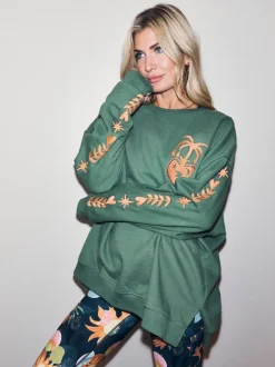 Never Fully Dressed Khaki Green Embroidered Sweatshirt