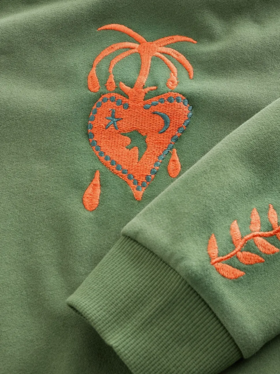 Never Fully Dressed Khaki Green Embroidered Sweatshirt