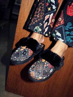 Never Fully Dressed Multi Black Quilted Faux Fur Lined Mule Slippers