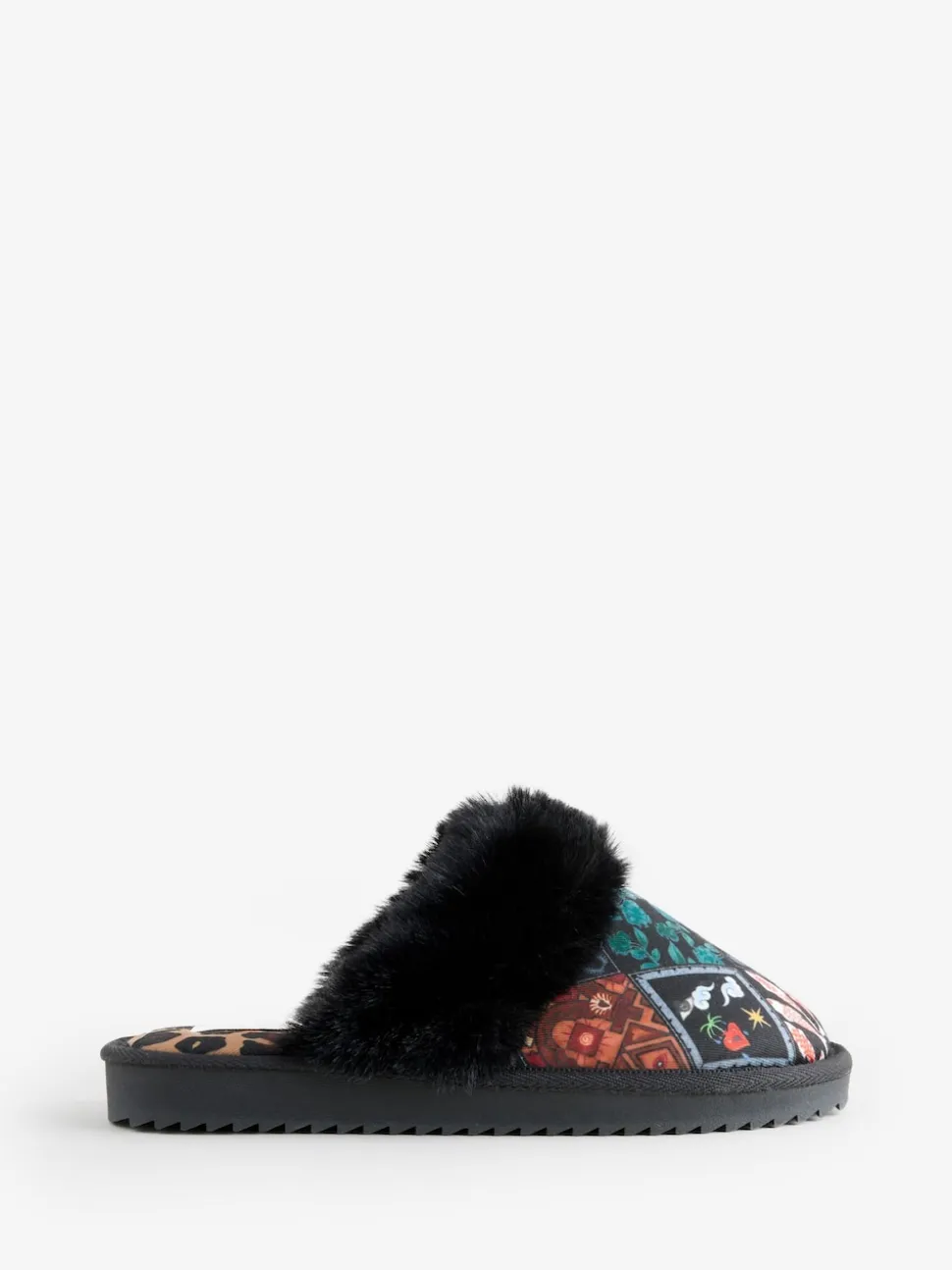 Never Fully Dressed Multi Black Quilted Faux Fur Lined Mule Slippers