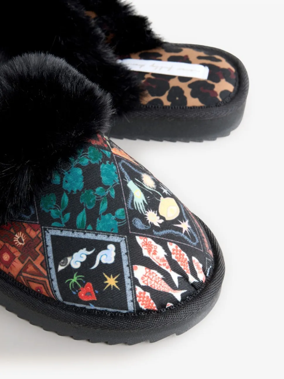 Never Fully Dressed Multi Black Quilted Faux Fur Lined Mule Slippers
