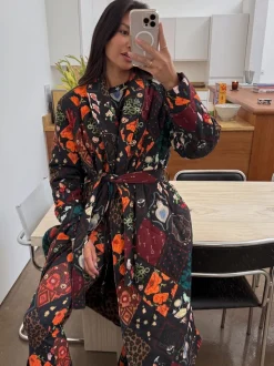 Never Fully Dressed Night Garden Quilted Robe with Faux Fur Lining
