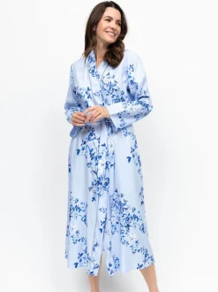 Nora Rose Blue Floral Print Lace Insert Long Sleeve Dressing Gown