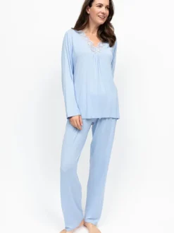 Nora Rose Blue Jersey Scalloped V-Neck Lace Long Sleeve Pyjamas Set
