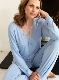 Nora Rose Blue Jersey Scalloped V-Neck Lace Long Sleeve Pyjamas Set