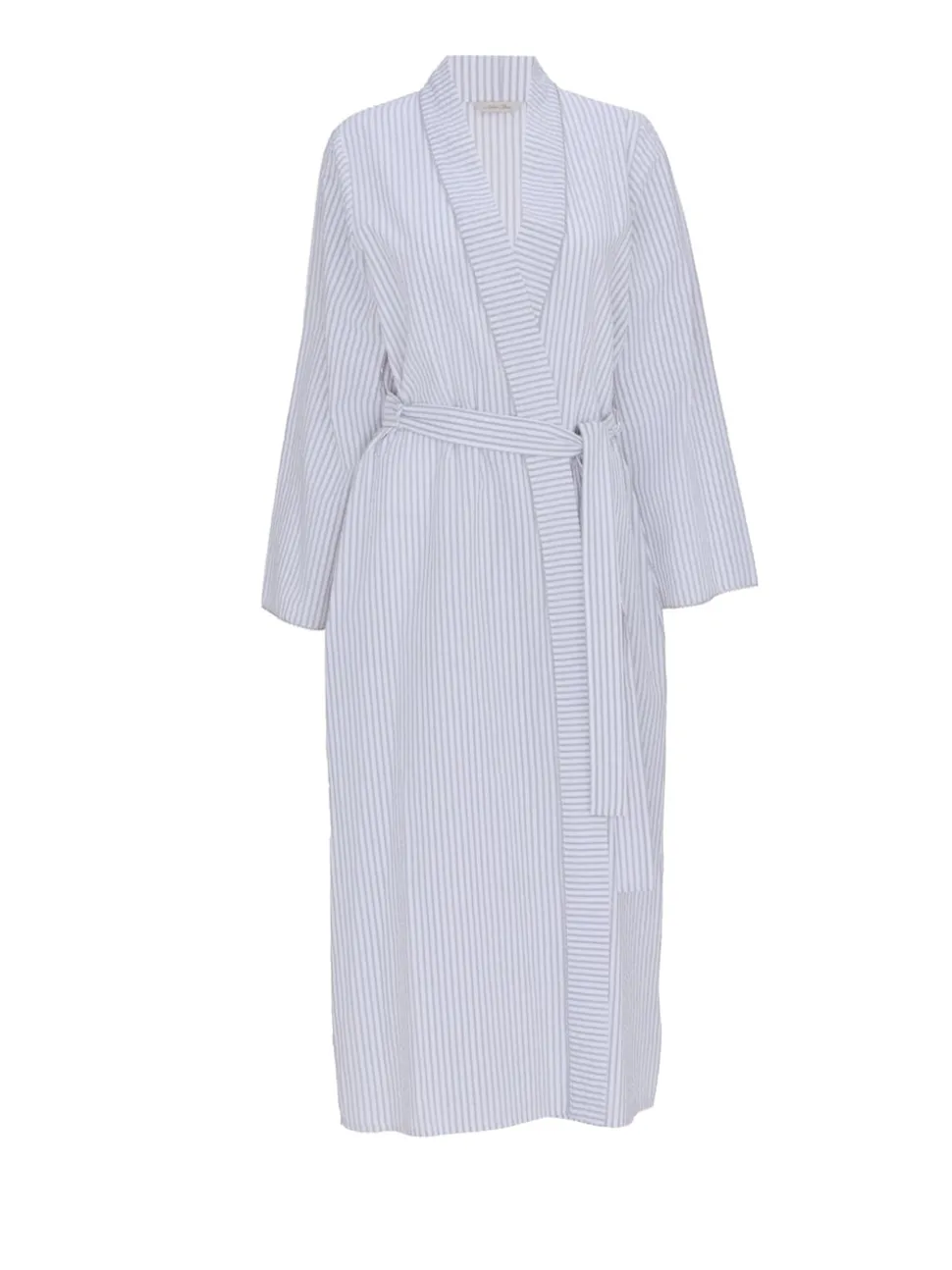Nora Rose Grey Seersucker Stripe Lace Trim Long Sleeve Long Dressing Gown