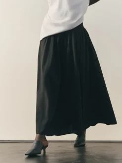 Nothing Ordinary Black Jersey Woven Mix A Line Heavyweight Cotton Midi Skirt