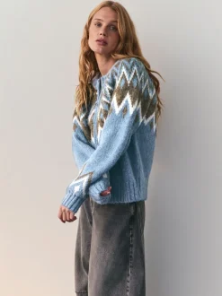 Nothing Ordinary Blue Check Fairisle Pattern Knit Zip Through Jumper With Wool