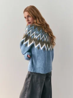 Nothing Ordinary Blue Check Fairisle Pattern Knit Zip Through Jumper With Wool