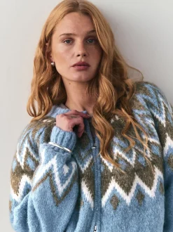 Nothing Ordinary Blue Check Fairisle Pattern Knit Zip Through Jumper With Wool