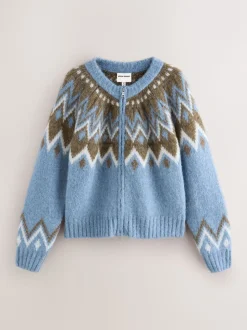 Nothing Ordinary Blue Check Fairisle Pattern Knit Zip Through Jumper With Wool