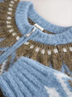 Nothing Ordinary Blue Check Fairisle Pattern Knit Zip Through Jumper With Wool