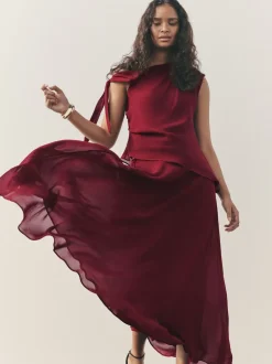 Nothing Ordinary Burgundy Red Check Godet Midi Skirt