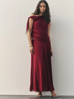 Nothing Ordinary Burgundy Red Check Godet Midi Skirt