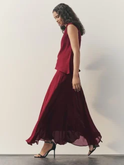 Nothing Ordinary Burgundy Red Check Godet Midi Skirt