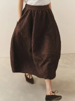 Nothing Ordinary Chocolate Brown Volume Jacquard Midi Skirt