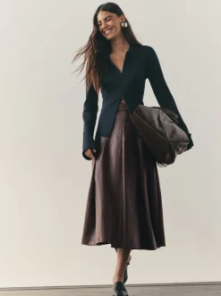 Nothing Ordinary Chocolate Brown Faux Leather Wrap Midi Kilt Skirt
