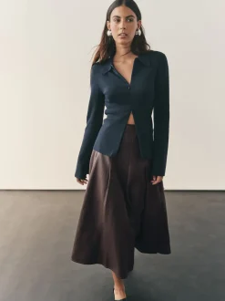 Nothing Ordinary Chocolate Brown Faux Leather Wrap Midi Kilt Skirt