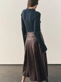 Nothing Ordinary Chocolate Brown Faux Leather Wrap Midi Kilt Skirt